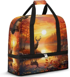 Sunset River With Deer Travel Duffel Bag for Women Men, Autumn Deer Sports Gym Bag with Shoes Compartment Foldable Overnight Bag Weekender Tote Workout Carry On Luggage Bag