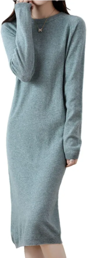 Sweater Dress Women's 100% Merino Wool O-Neck Long Raglan Sleeved Knitted Pullover Crewneck Tops