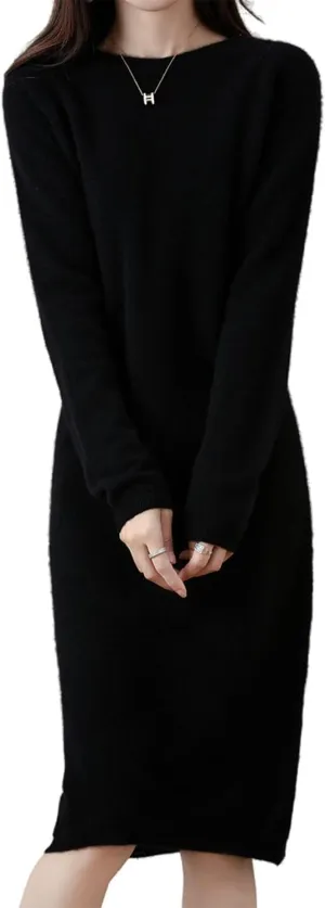 Sweater Dress Women's 100% Merino Wool O-Neck Long Raglan Sleeved Knitted Pullover Crewneck Tops