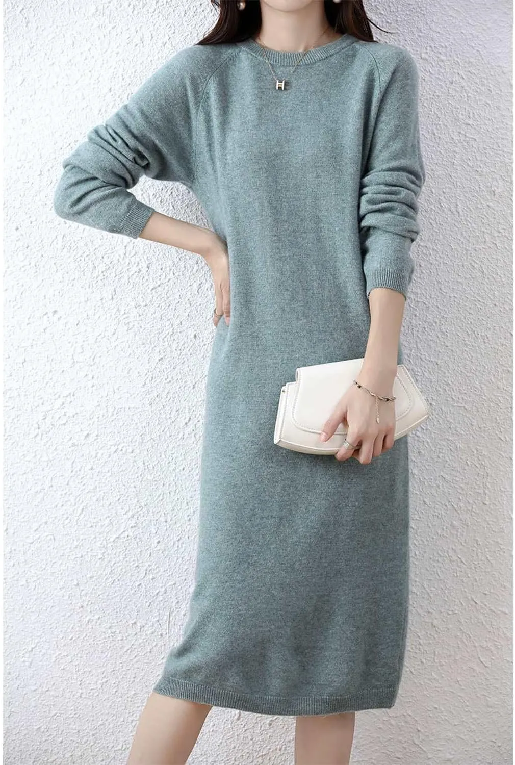 Sweater Dress Women's 100% Merino Wool O-Neck Long Raglan Sleeved Knitted Pullover Crewneck Tops