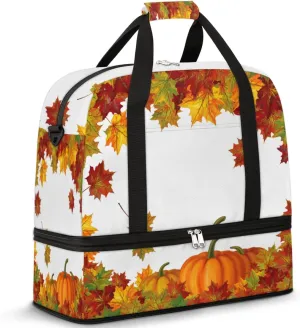 Thanksgiving Pumpkin Maple Travel Duffle Bag Durable Weekender Bag with Shoes Compartment Lightweight Overnight Bag Sports Dance Gym Tote Bag for Women and Men Carry on Luggage