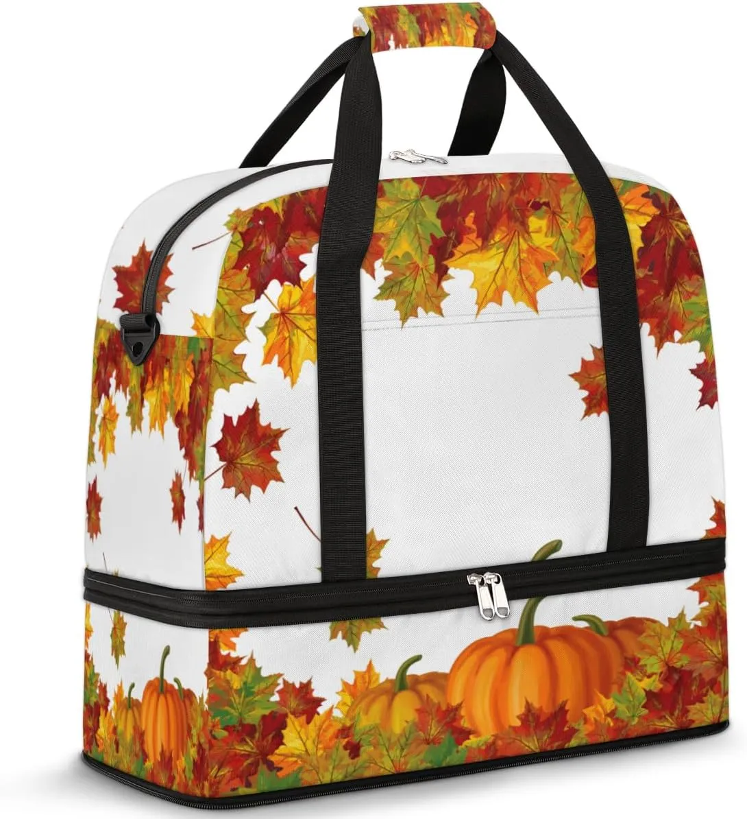Thanksgiving Pumpkin Maple Travel Duffle Bag Durable Weekender Bag with Shoes Compartment Lightweight Overnight Bag Sports Dance Gym Tote Bag for Women and Men Carry on Luggage