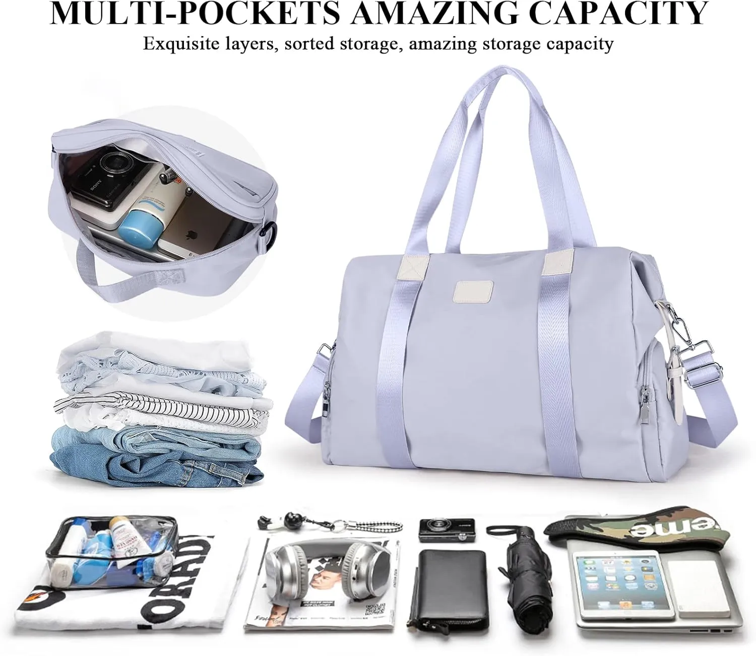Travel Duffel Bag, Sports Tote Bag, Shoulder Weekender Overnight Bag for Women(P-Blue Purple with Laptop Pocket)