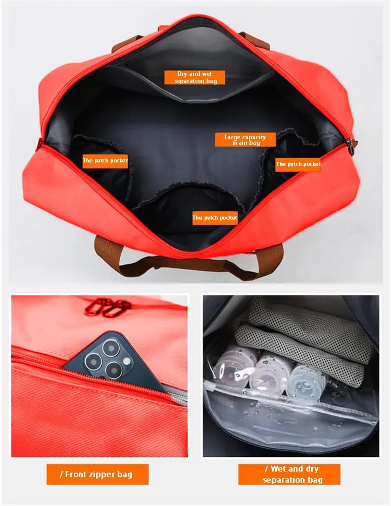 Travel Duffel Bag with Shoes Compartment, Sport Gym Duffle Holdall Bag Training Handbag Yoga Bag Travel Overnight,Waterproof Large Sports Duffel Bag Training Handbag Orange 46 * 28 * 25cm