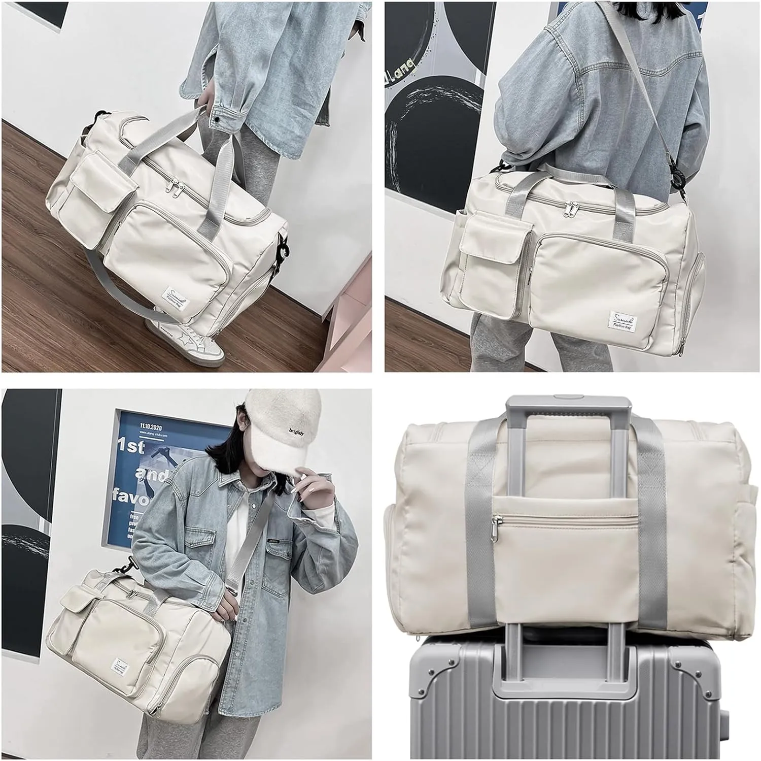 Travel Duffel Bag with Shoes Compartment Sports Gym Bag with Dry Wet Separated Pocket for Men and Women, Overnight Bag Weekender Bag Training Handbag Yoga Bag - White Gray