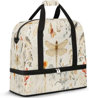 Travel Duffel Bags Vintage Dragonfly Flower Foldable Weekender Bags for Women with Shoes Compartment Waterproof & Tear Resistant Carry on Overnight Luggage Duffel Bag Shoulder Sports Tote Bag,B-96