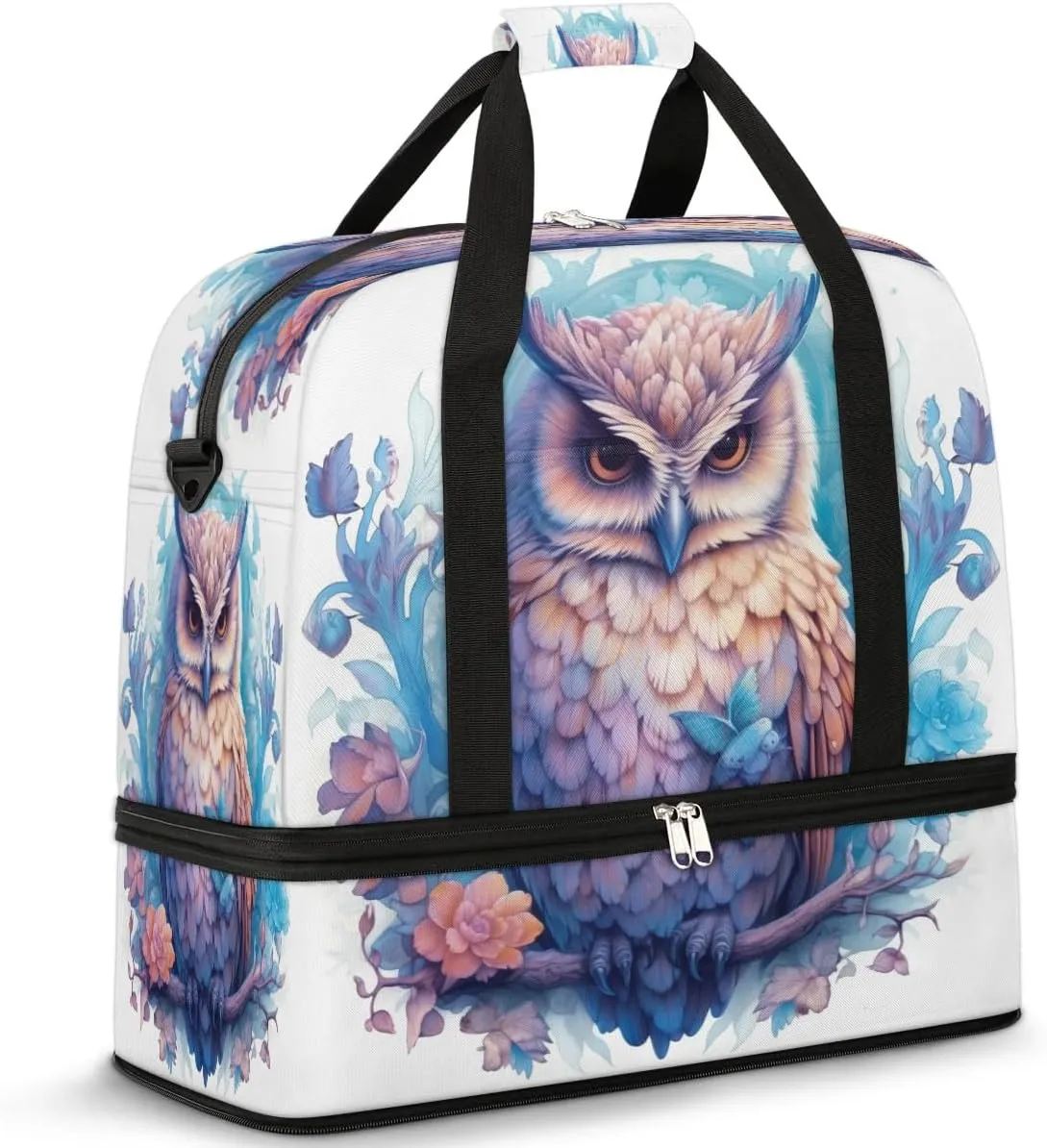 Travel Duffel Bags Watercolor Owl Foldable Weekender Bags for Women with Shoes Compartment Waterproof & Tear Resistant Carry on Overnight Luggage Duffel Bag Shoulder Sports Tote Bag,A-122