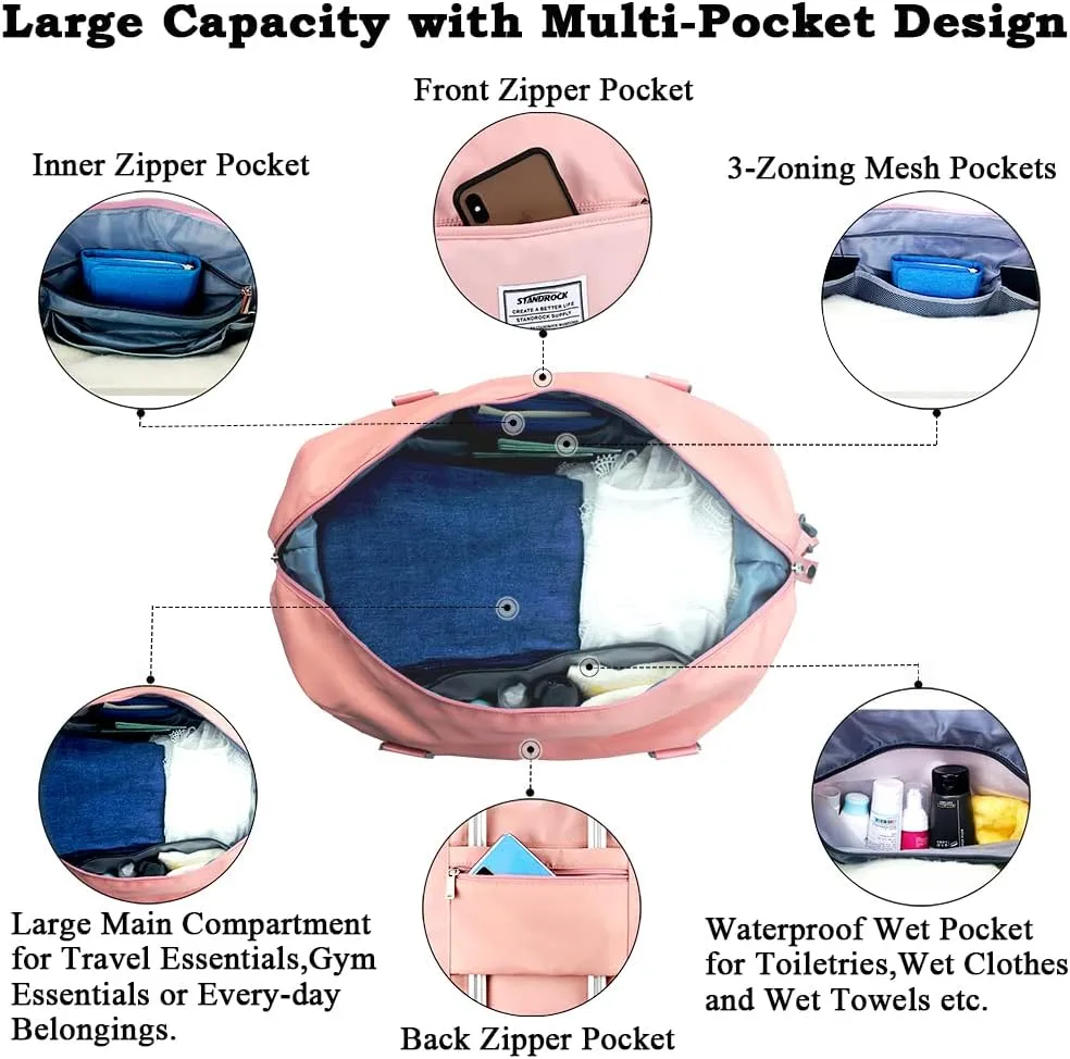 Travel Duffle Bag, Sports Tote Bag for Women,Overnight Travel Weekender Bags for Women with Wet Pocket,Carry on Duffel Bags for Traveling (Green)(Pink-Tote Bag)