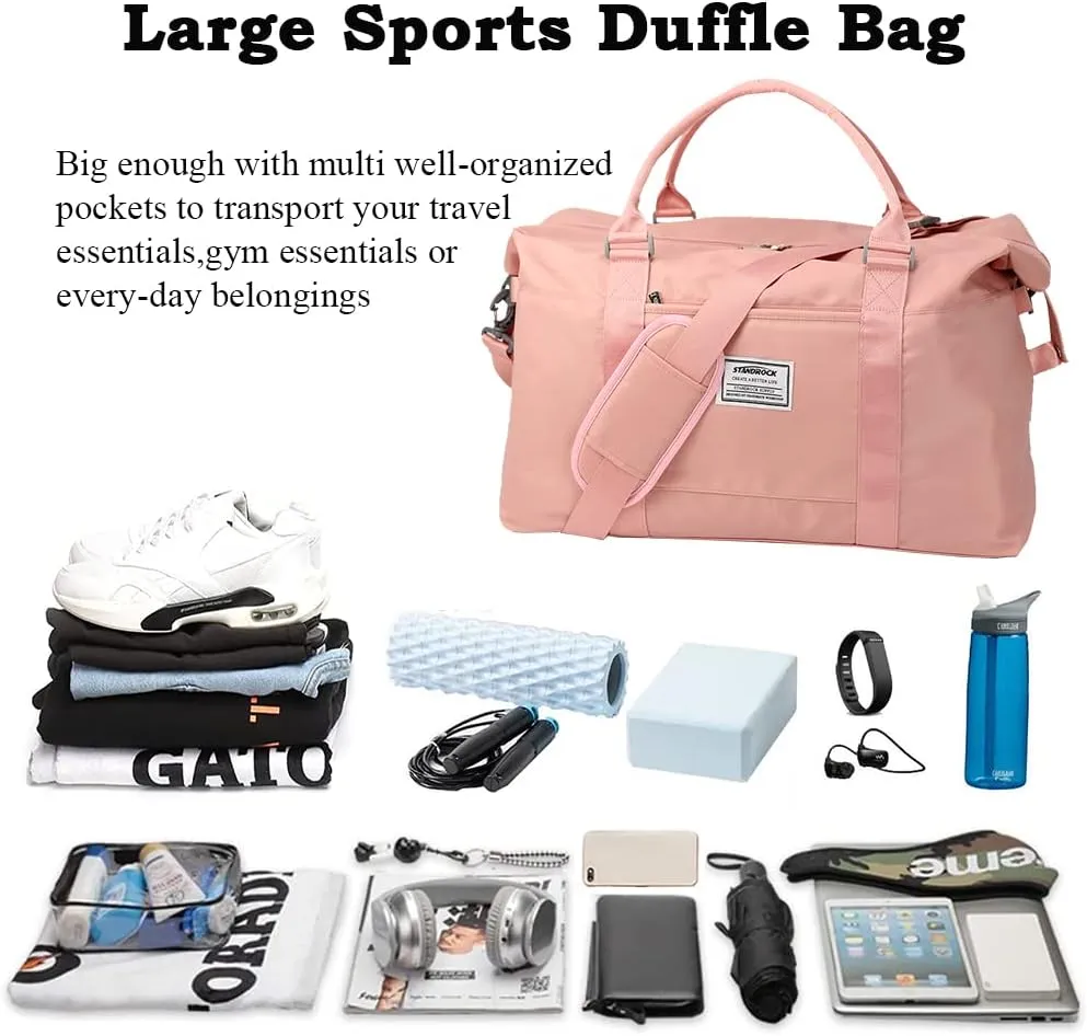 Travel Duffle Bag, Sports Tote Bag for Women,Overnight Travel Weekender Bags for Women with Wet Pocket,Carry on Duffel Bags for Traveling (Green)(Pink-Tote Bag)