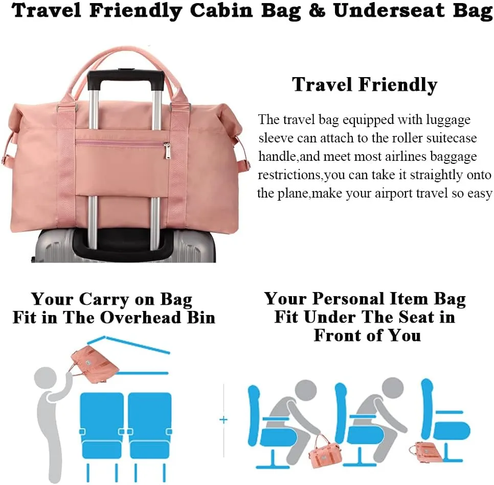 Travel Duffle Bag, Sports Tote Bag for Women,Overnight Travel Weekender Bags for Women with Wet Pocket,Carry on Duffel Bags for Traveling (Green)(Pink-Tote Bag)
