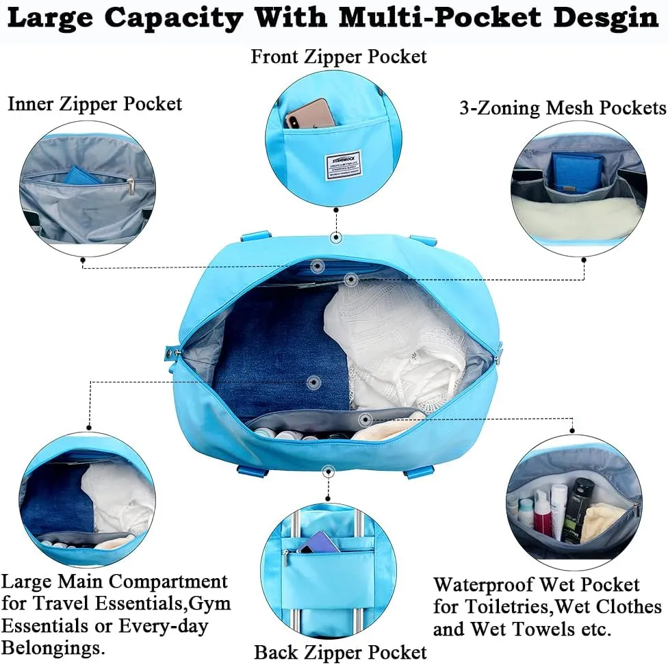 Travel Duffle Bag,COLOY Sports Tote COLOY Bag for Women,Overnight Travel Weekender Bags for Women with Wet Pocket,Carry on Duffel Bags for Traveling (Green)(Blue-tote bag)