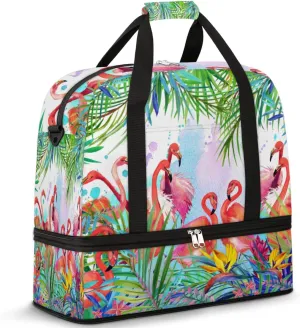 Tropical Flamingo Travel Duffel Bag for Women Men, Flamingo Palm Tree Sports Gym Bag with Shoes Compartment Foldable Overnight Bag Weekender Tote Workout Carry On Luggage Bag
