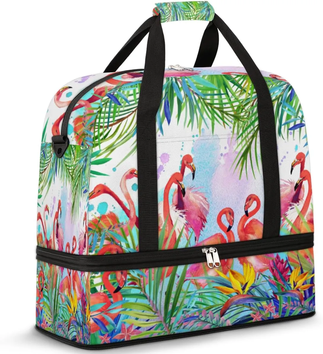Tropical Flamingo Travel Duffel Bag for Women Men, Flamingo Palm Tree Sports Gym Bag with Shoes Compartment Foldable Overnight Bag Weekender Tote Workout Carry On Luggage Bag
