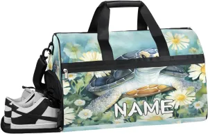 Turtle Flower Watercolor Sports Gym Bag with Wet Pocket & Shoes Compartment Travel Duffel Bag for Women Men Custom Sports Gym Bag Personalized Overnight Stay Weekend Tote Beach Luggage