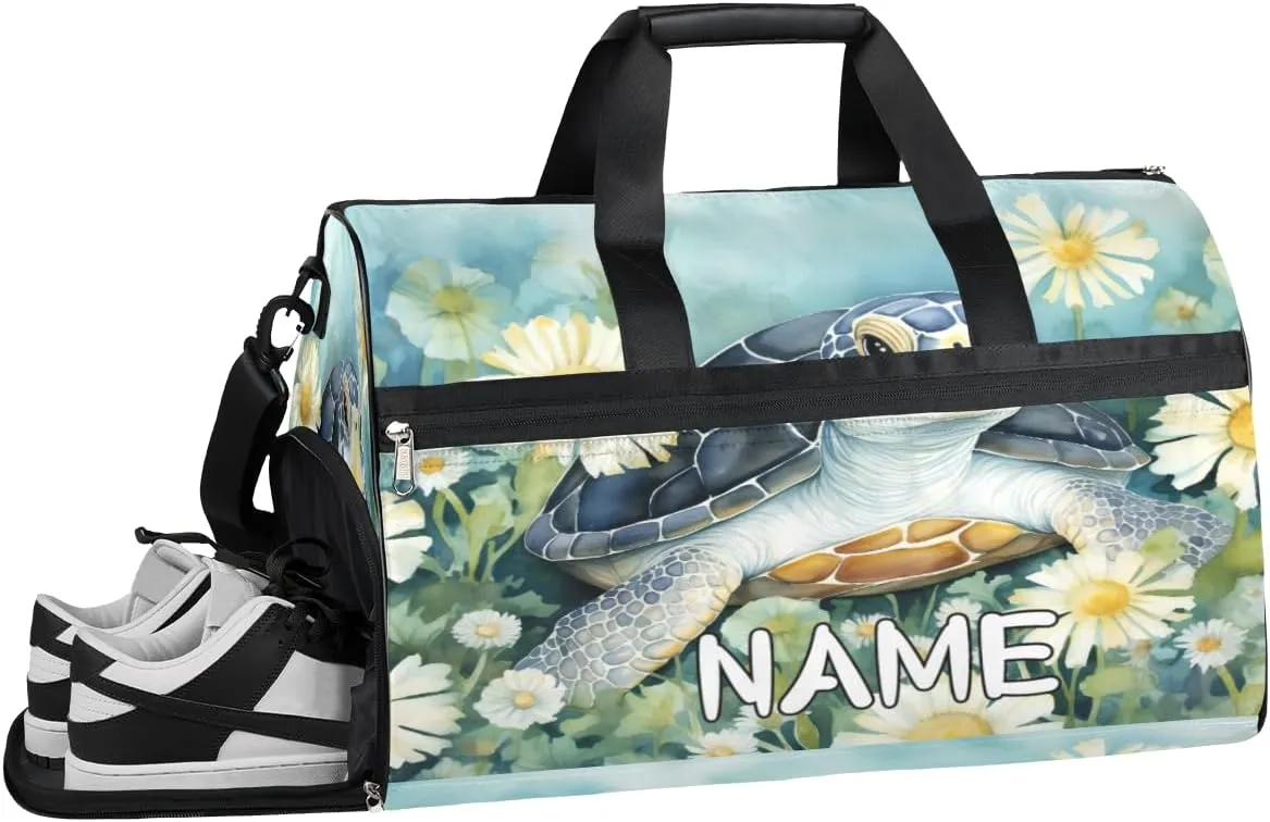 Turtle Flower Watercolor Sports Gym Bag with Wet Pocket & Shoes Compartment Travel Duffel Bag for Women Men Custom Sports Gym Bag Personalized Overnight Stay Weekend Tote Beach Luggage