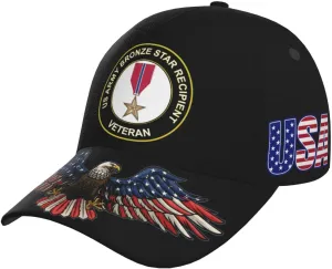 US Army Veteran Bronze Star Medal Snapback Baseball Cap for Men - Adjustable Cotton Trucker Hat with Curved Brim, Casual & Outdoor Activities (American USA Flag)