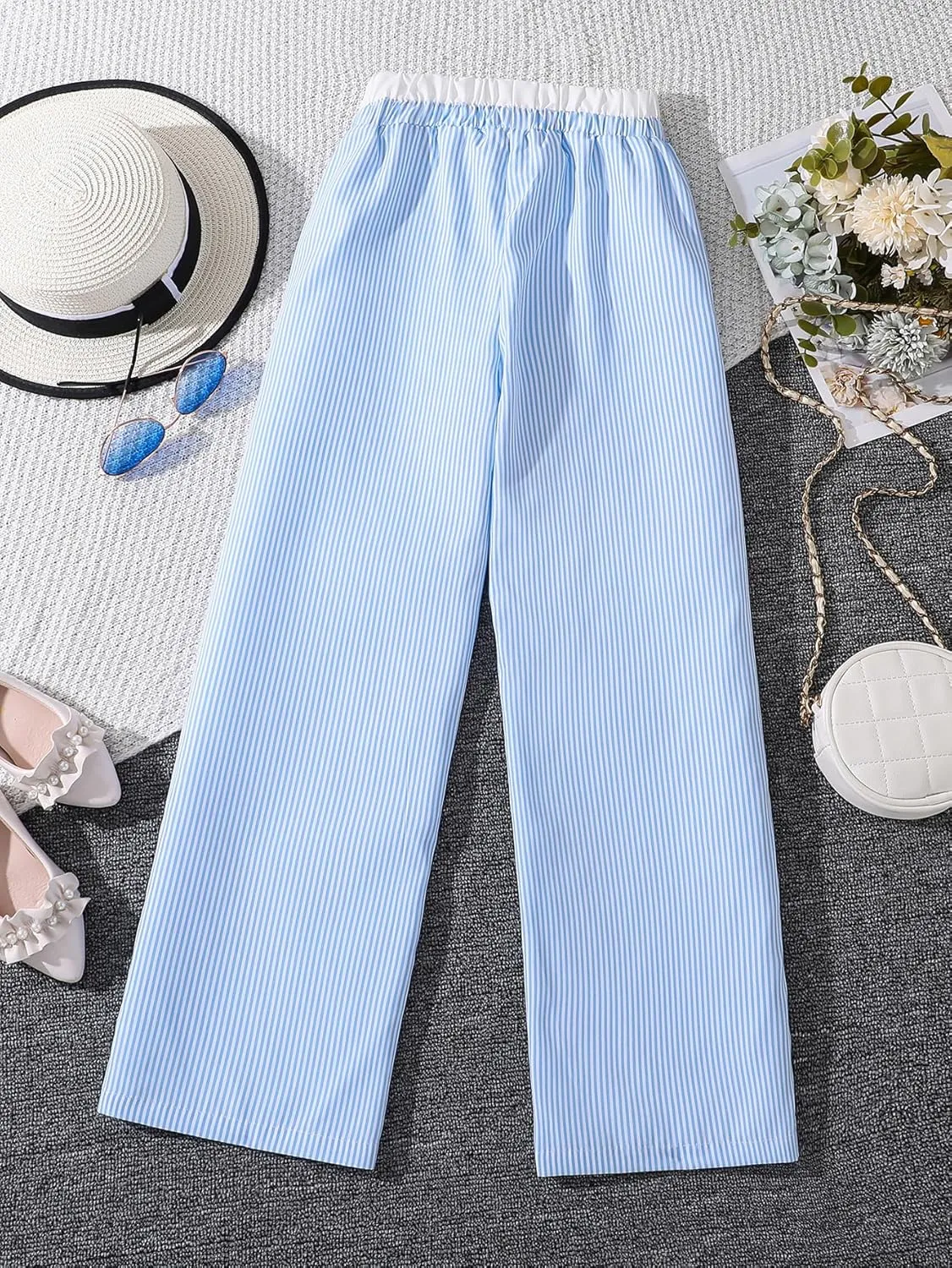 Verdusa Girl's Striped Print Bow Knot Elastic Waist Straight Leg Pants Long Trousers