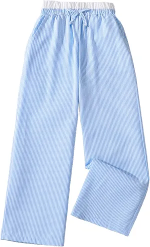 Verdusa Girl's Striped Print Bow Knot Elastic Waist Straight Leg Pants Long Trousers