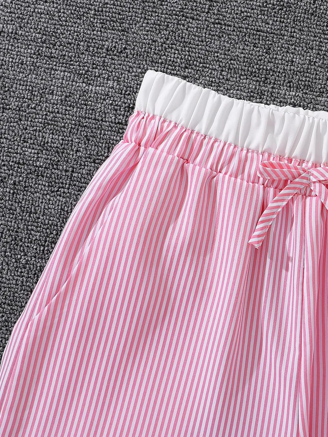 Verdusa Girl's Striped Print Bow Knot Elastic Waist Straight Leg Pants Long Trousers