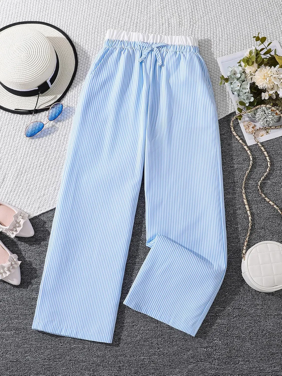 Verdusa Girl's Striped Print Bow Knot Elastic Waist Straight Leg Pants Long Trousers