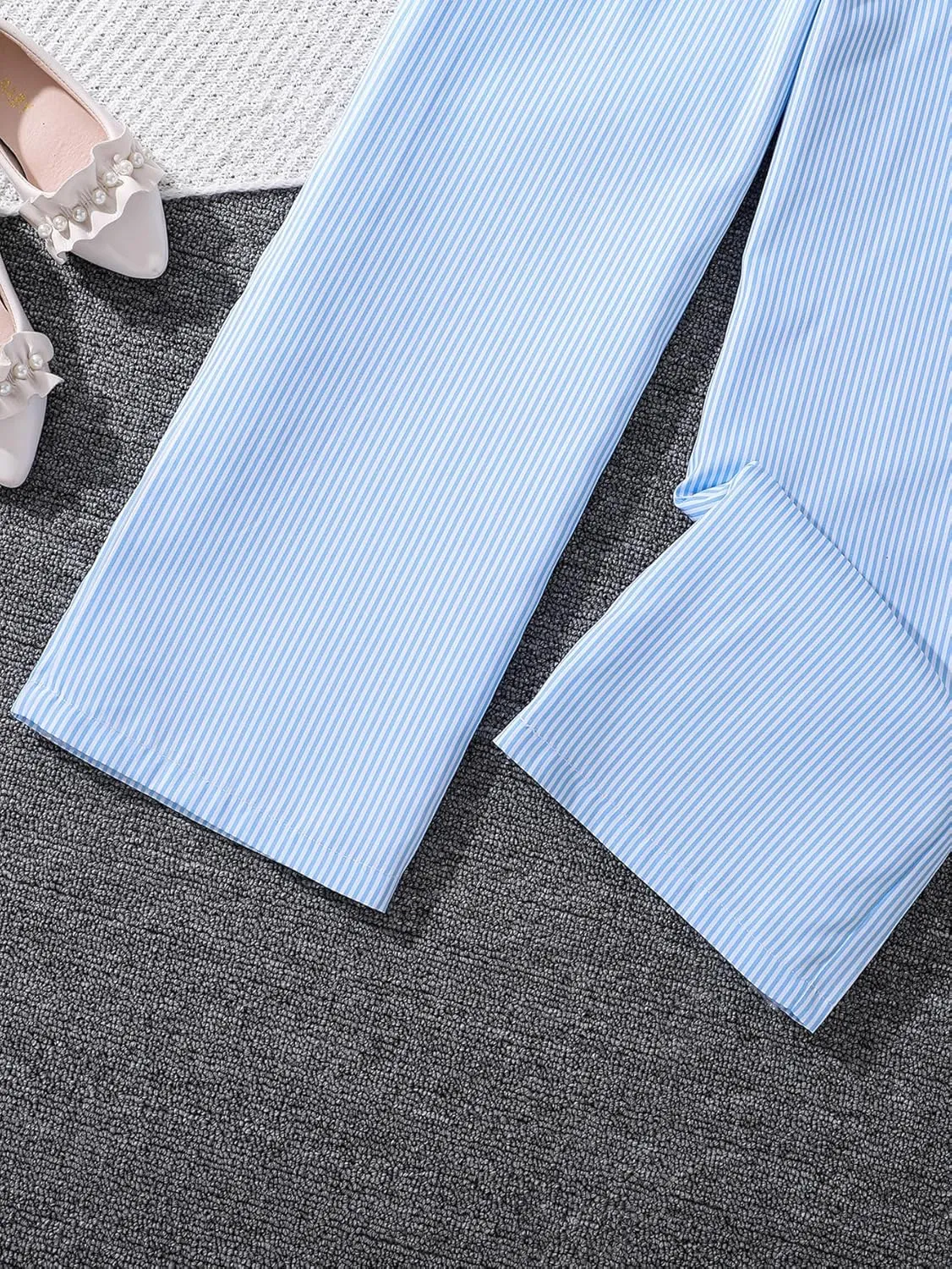 Verdusa Girl's Striped Print Bow Knot Elastic Waist Straight Leg Pants Long Trousers