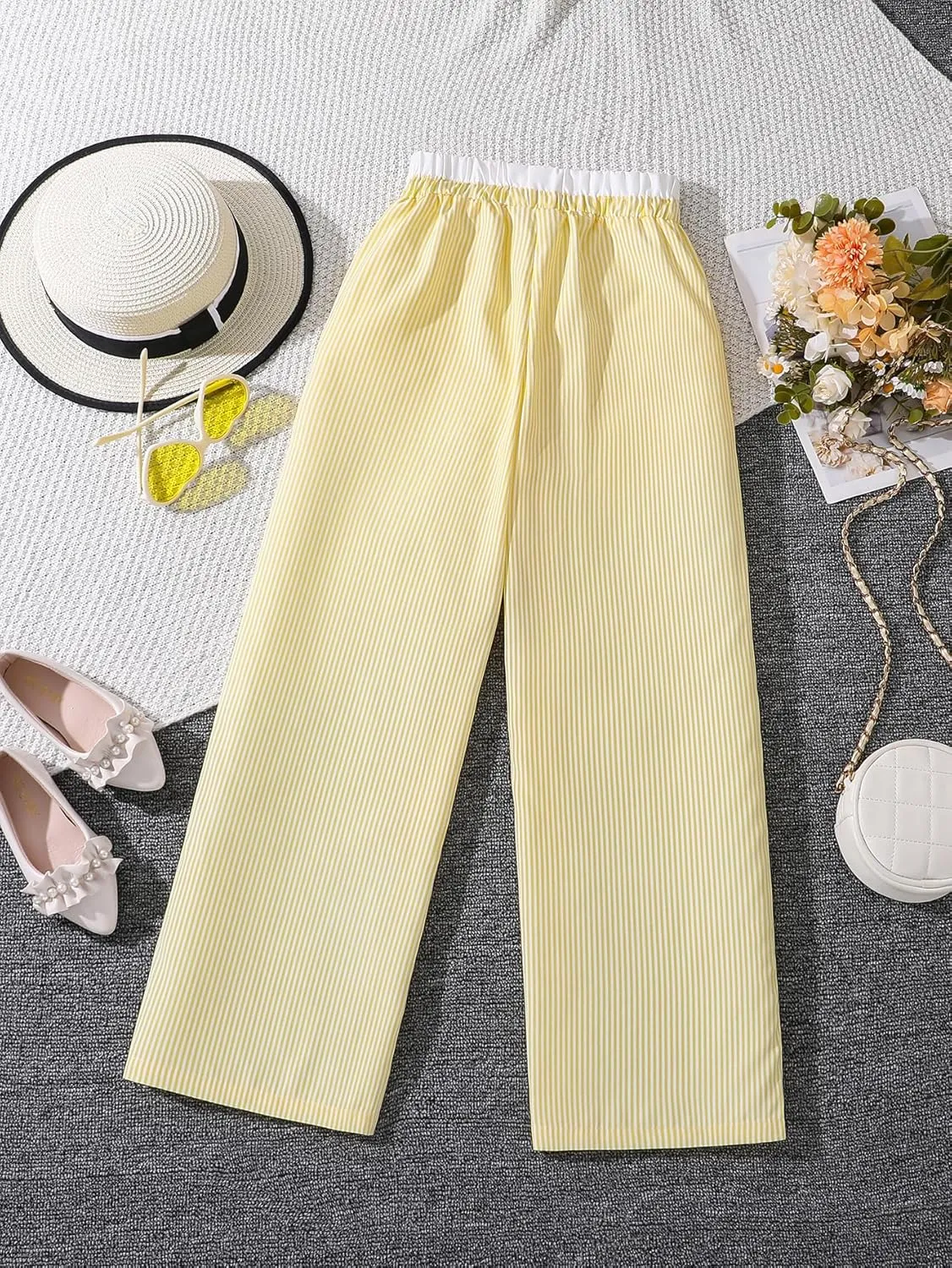 Verdusa Girl's Striped Print Bow Knot Elastic Waist Straight Leg Pants Long Trousers