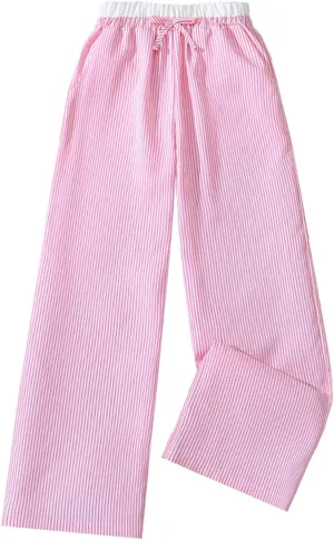 Verdusa Girl's Striped Print Bow Knot Elastic Waist Straight Leg Pants Long Trousers