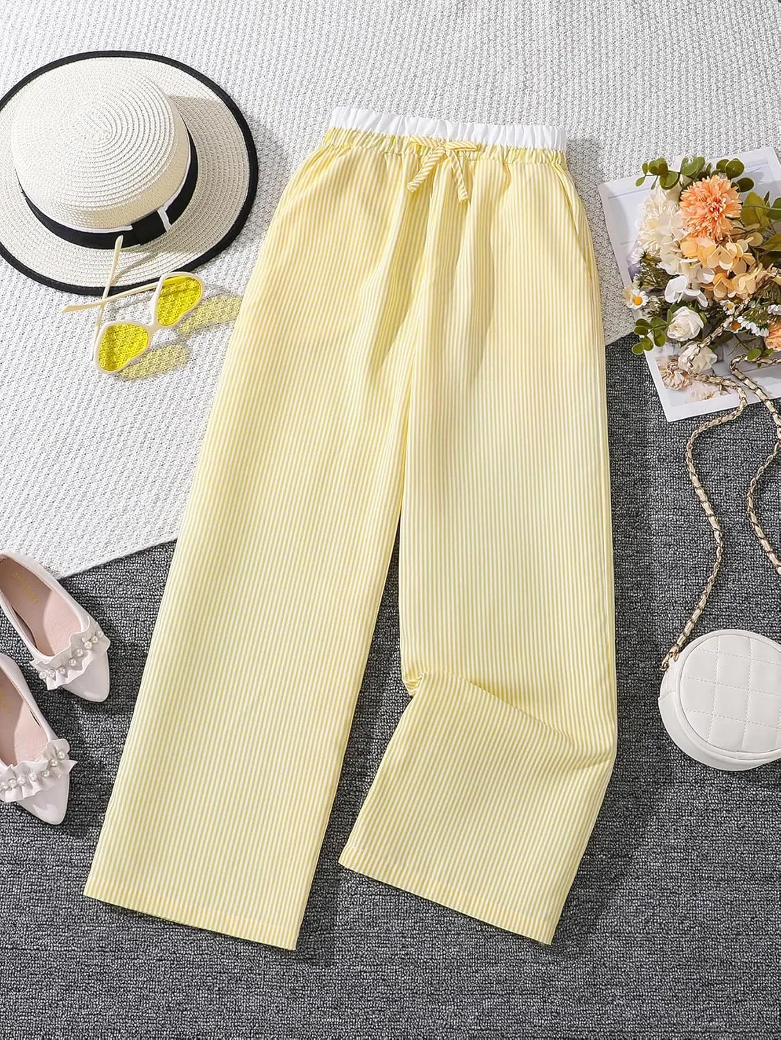 Verdusa Girl's Striped Print Bow Knot Elastic Waist Straight Leg Pants Long Trousers