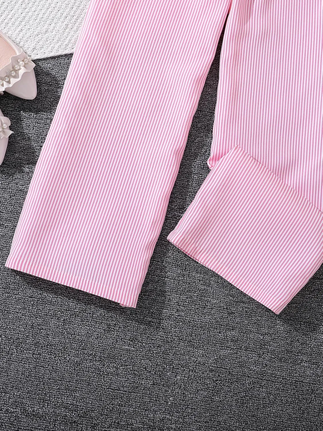 Verdusa Girl's Striped Print Bow Knot Elastic Waist Straight Leg Pants Long Trousers