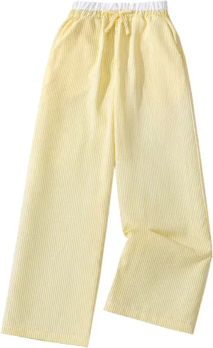 Verdusa Girl's Striped Print Bow Knot Elastic Waist Straight Leg Pants Long Trousers