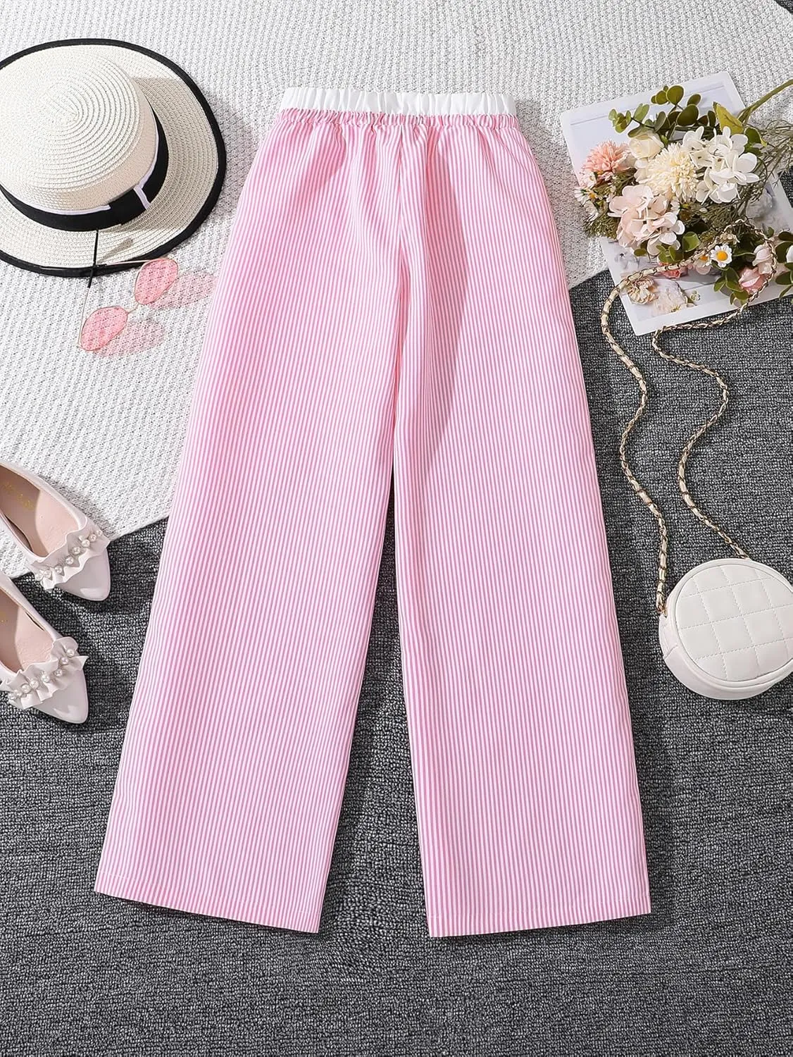 Verdusa Girl's Striped Print Bow Knot Elastic Waist Straight Leg Pants Long Trousers