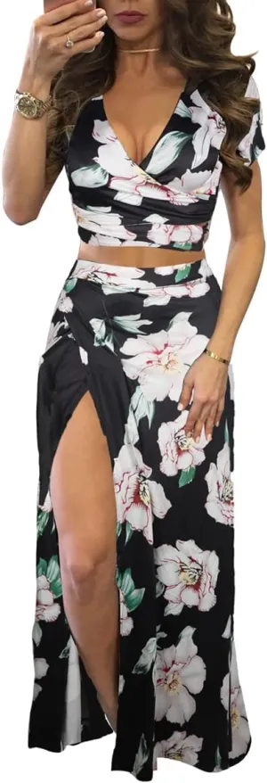 VOIKERDR Dresses for Women Casual Summer Sexy Deep V Split Flower Print Maxi Dresses for Women