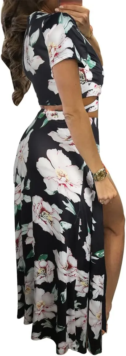 VOIKERDR Dresses for Women Casual Summer Sexy Deep V Split Flower Print Maxi Dresses for Women