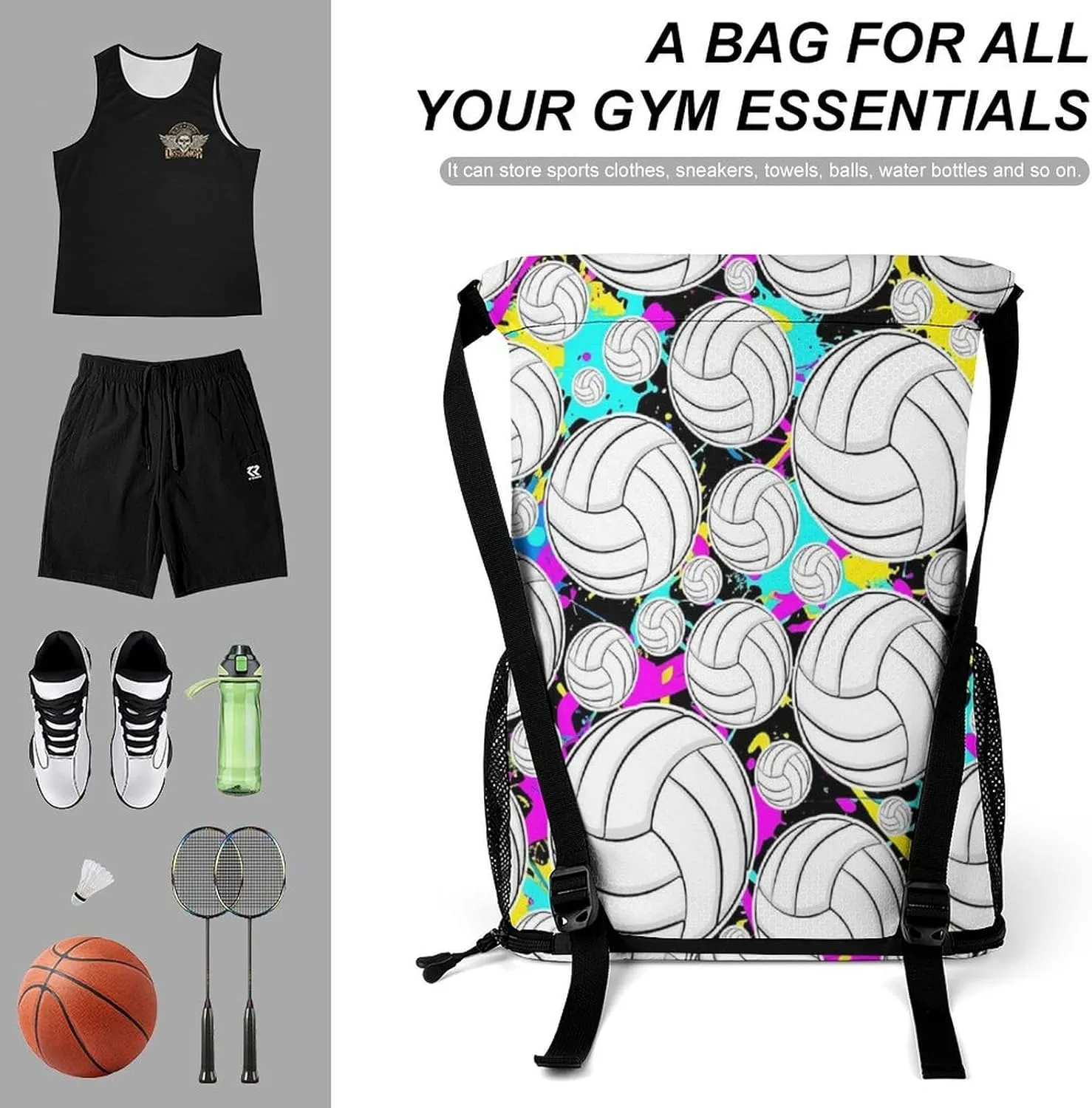 Volleyball Drawstring Backpack - Cool Cinch Sack, String Backpacks with Pocket for Kids Women Men Boys Girls for Gym Outdoor Sports Travel Athletic Drawstring Bag - Lightweight/Foldable