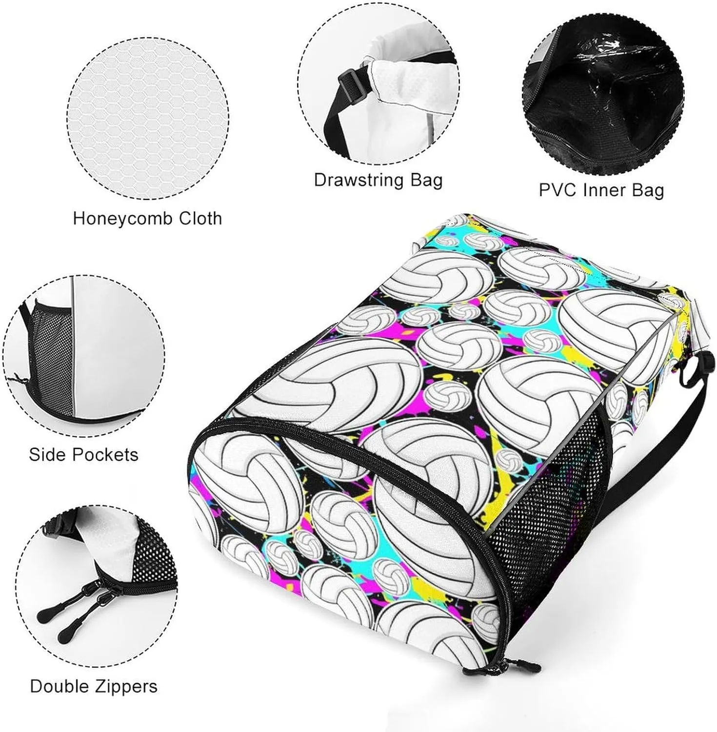 Volleyball Drawstring Backpack - Cool Cinch Sack, String Backpacks with Pocket for Kids Women Men Boys Girls for Gym Outdoor Sports Travel Athletic Drawstring Bag - Lightweight/Foldable