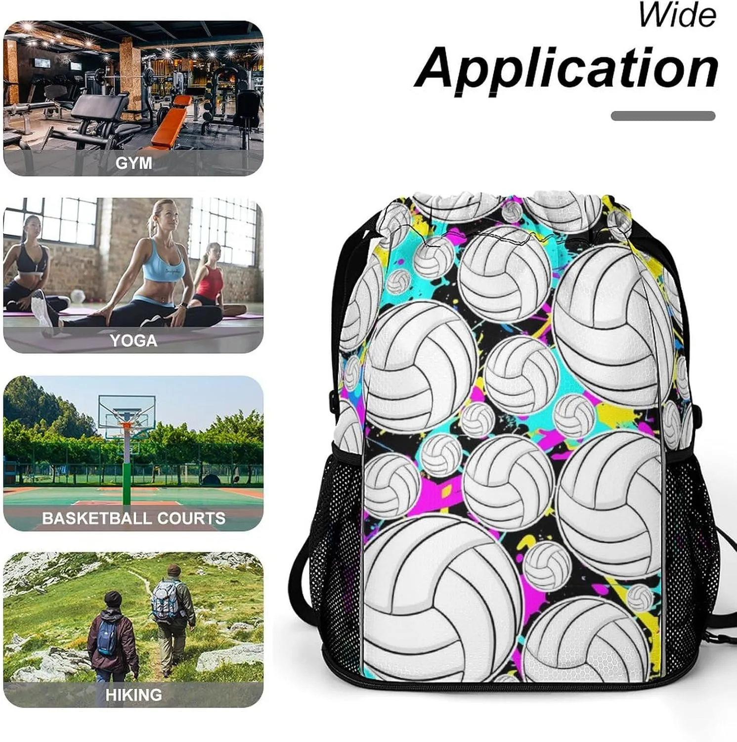 Volleyball Drawstring Backpack - Cool Cinch Sack, String Backpacks with Pocket for Kids Women Men Boys Girls for Gym Outdoor Sports Travel Athletic Drawstring Bag - Lightweight/Foldable