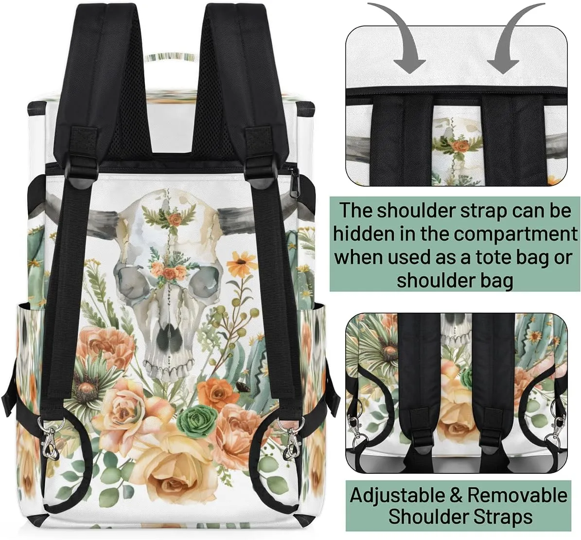 Watercolor Skull Flower Plant Travel Backpack Carry On Flight Approved for Men Women, Lightweight Large Luggage Weekender Casual Daypack Backpacks for Traveling Airplane