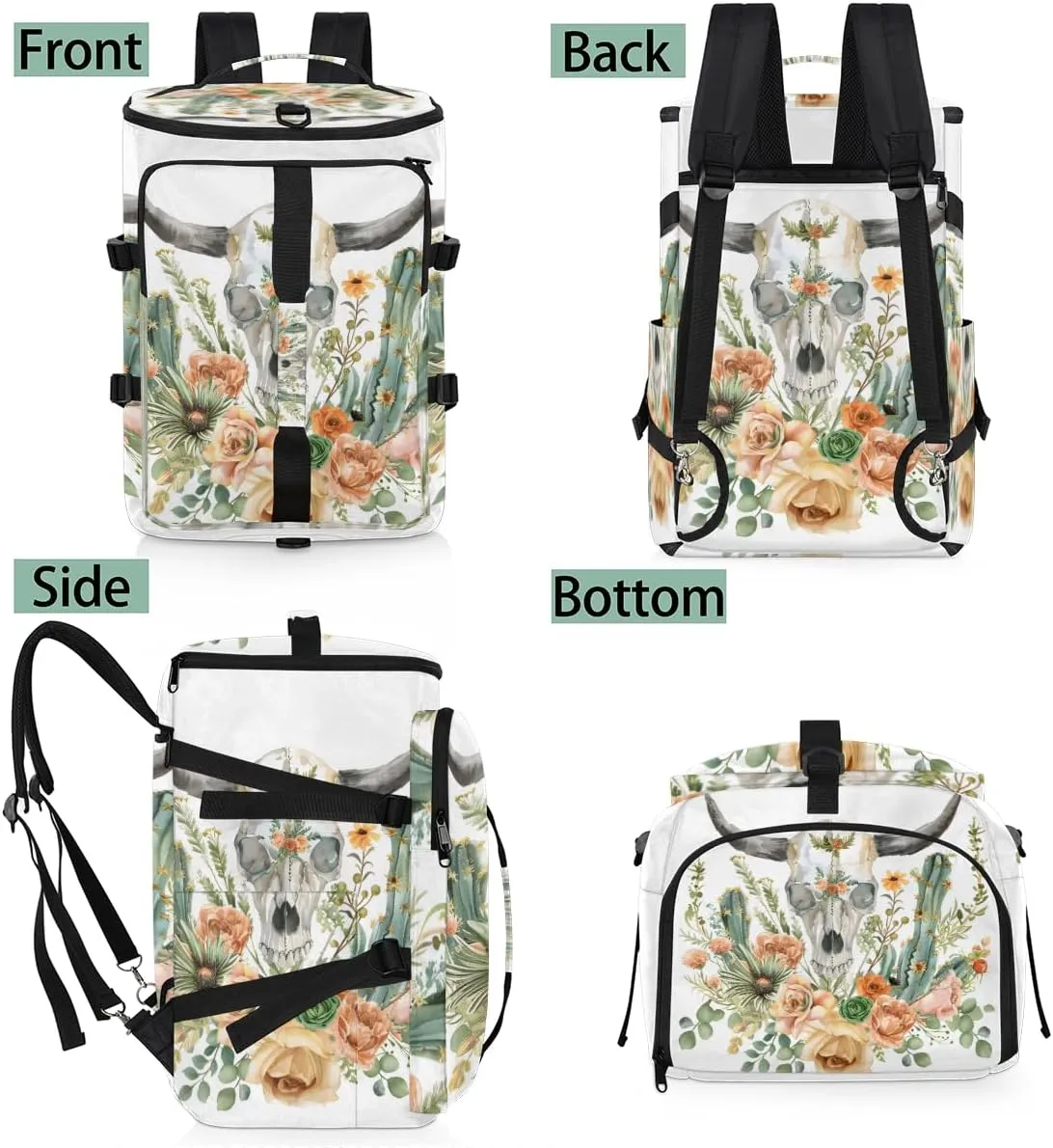Watercolor Skull Flower Plant Travel Backpack Carry On Flight Approved for Men Women, Lightweight Large Luggage Weekender Casual Daypack Backpacks for Traveling Airplane