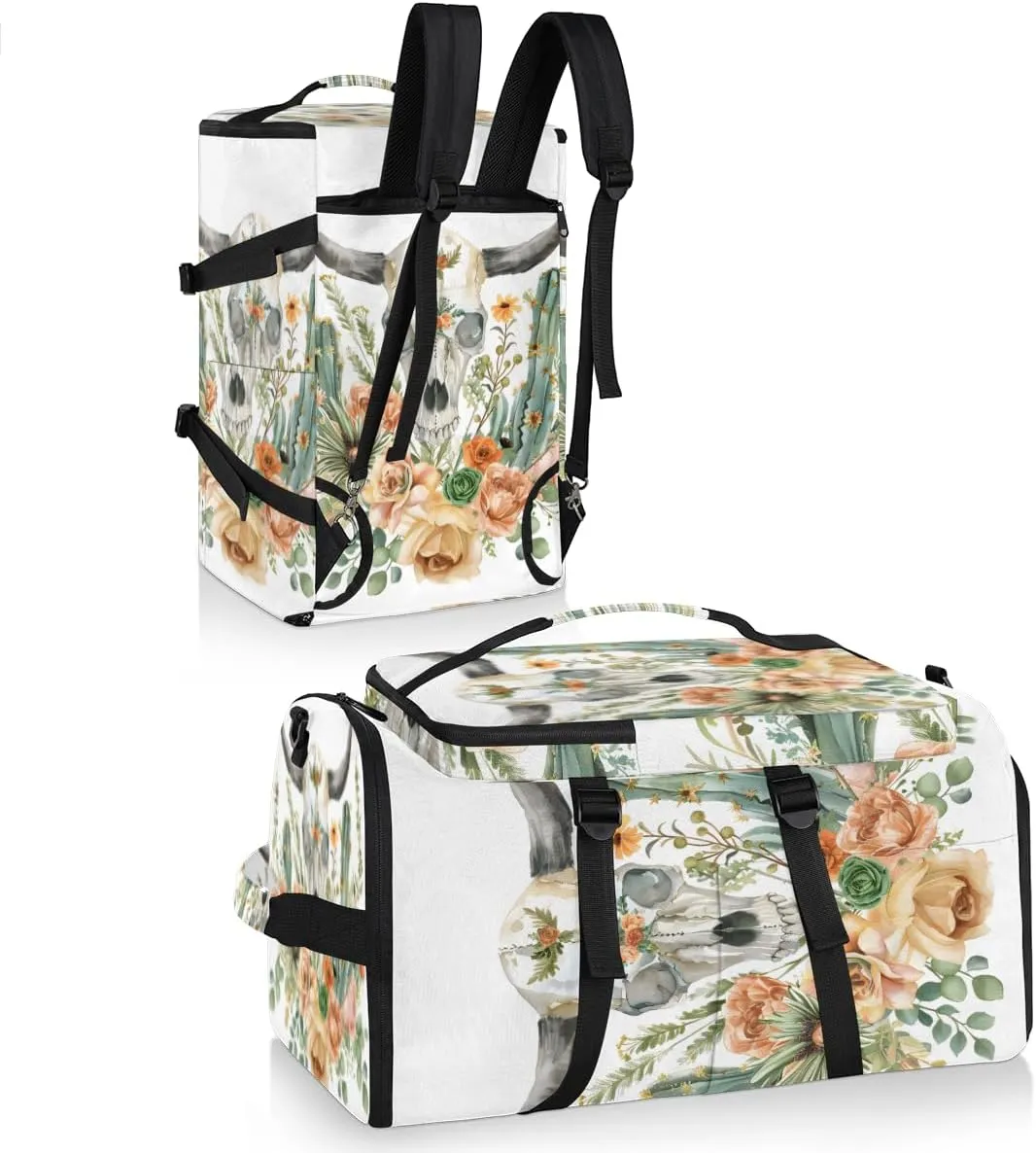 Watercolor Skull Flower Plant Travel Backpack Carry On Flight Approved for Men Women, Lightweight Large Luggage Weekender Casual Daypack Backpacks for Traveling Airplane