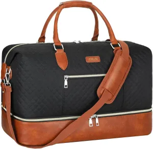 Weekender Bag for Women, Travel Duffel Bag Carry On Overnight Bag with Shoe Compartment Large Nylon Travel Weekend Tote Bag, 4-Black Brown, Large