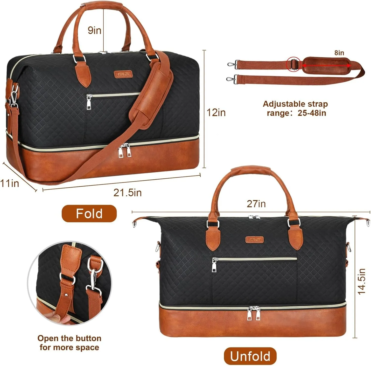 Weekender Bag for Women, Travel Duffel Bag Carry On Overnight Bag with Shoe Compartment Large Nylon Travel Weekend Tote Bag, 4-Black Brown, Large