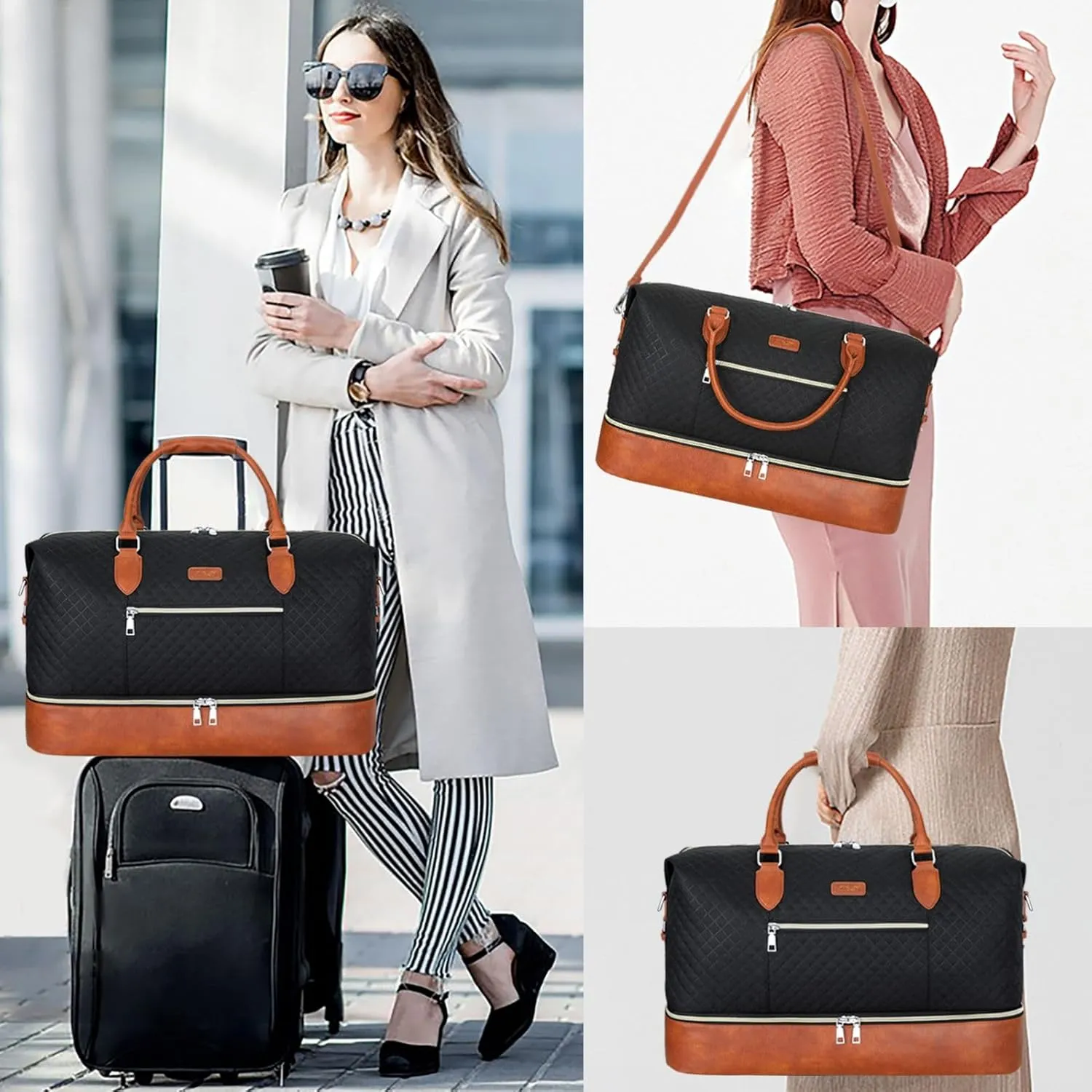 Weekender Bag for Women, Travel Duffel Bag Carry On Overnight Bag with Shoe Compartment Large Nylon Travel Weekend Tote Bag, 4-Black Brown, Large