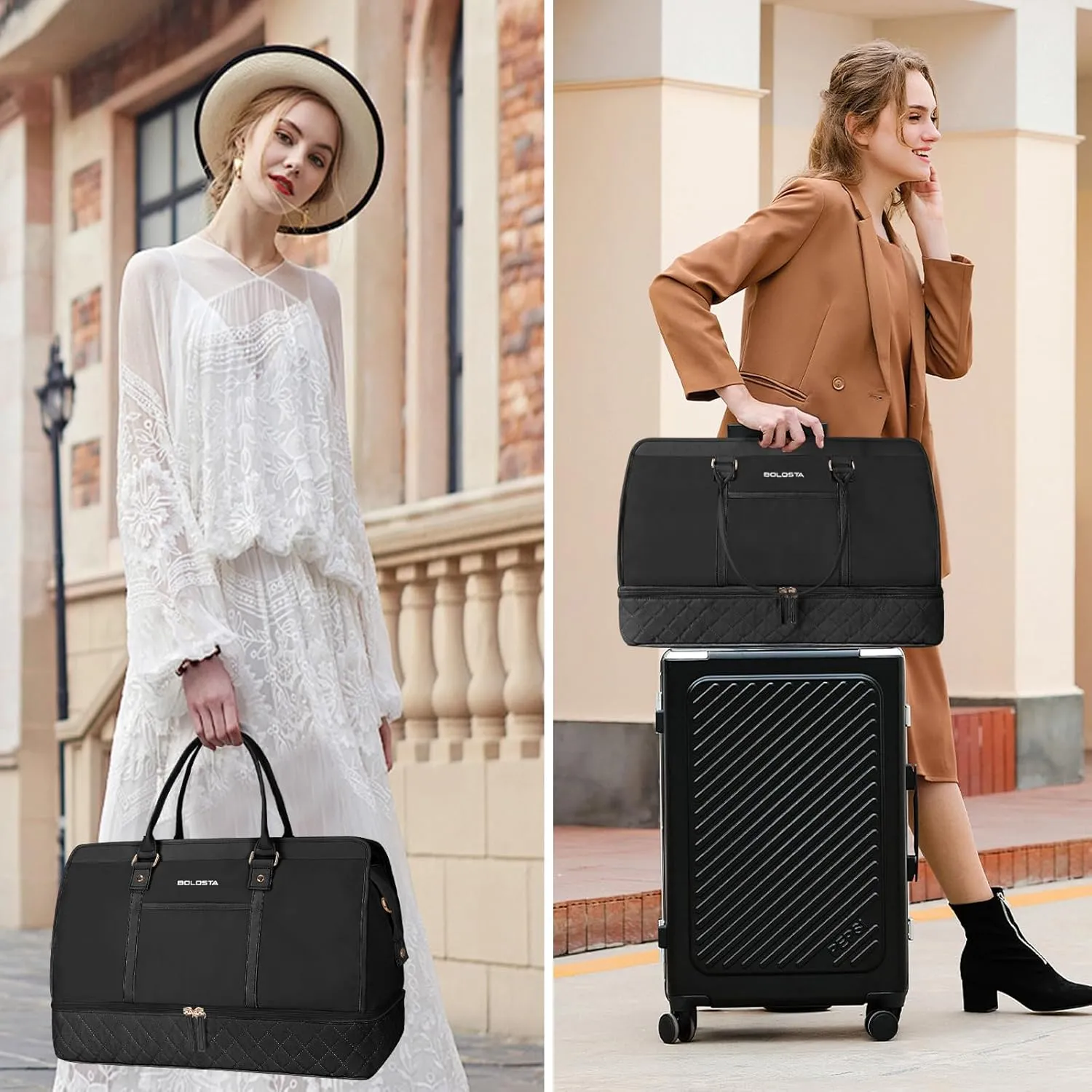 Weekender Bags for Women with Shoe Compartment & Wet Pocket, Carry on Overnight Bags with Toiletry Bag, Travel Duffle Bag, Black, Large