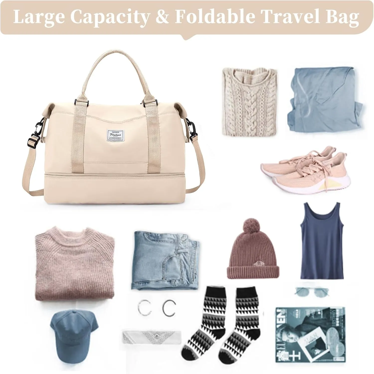 Weekender Bags for Women,Personal Item Travel Bag with Shoes Compartment,Overnight Travel Duffel Bag with Wet Pocket and Separate Toiletry Bag,Gym Bag, Beige, Travel Bag