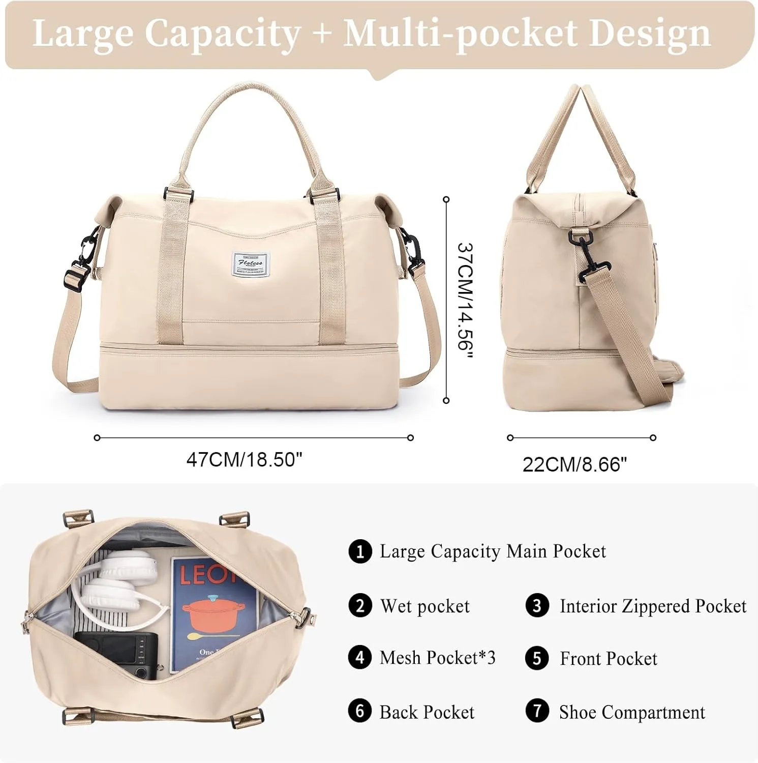 Weekender Bags for Women,Personal Item Travel Bag with Shoes Compartment,Overnight Travel Duffel Bag with Wet Pocket and Separate Toiletry Bag,Gym Bag, Beige, Travel Bag