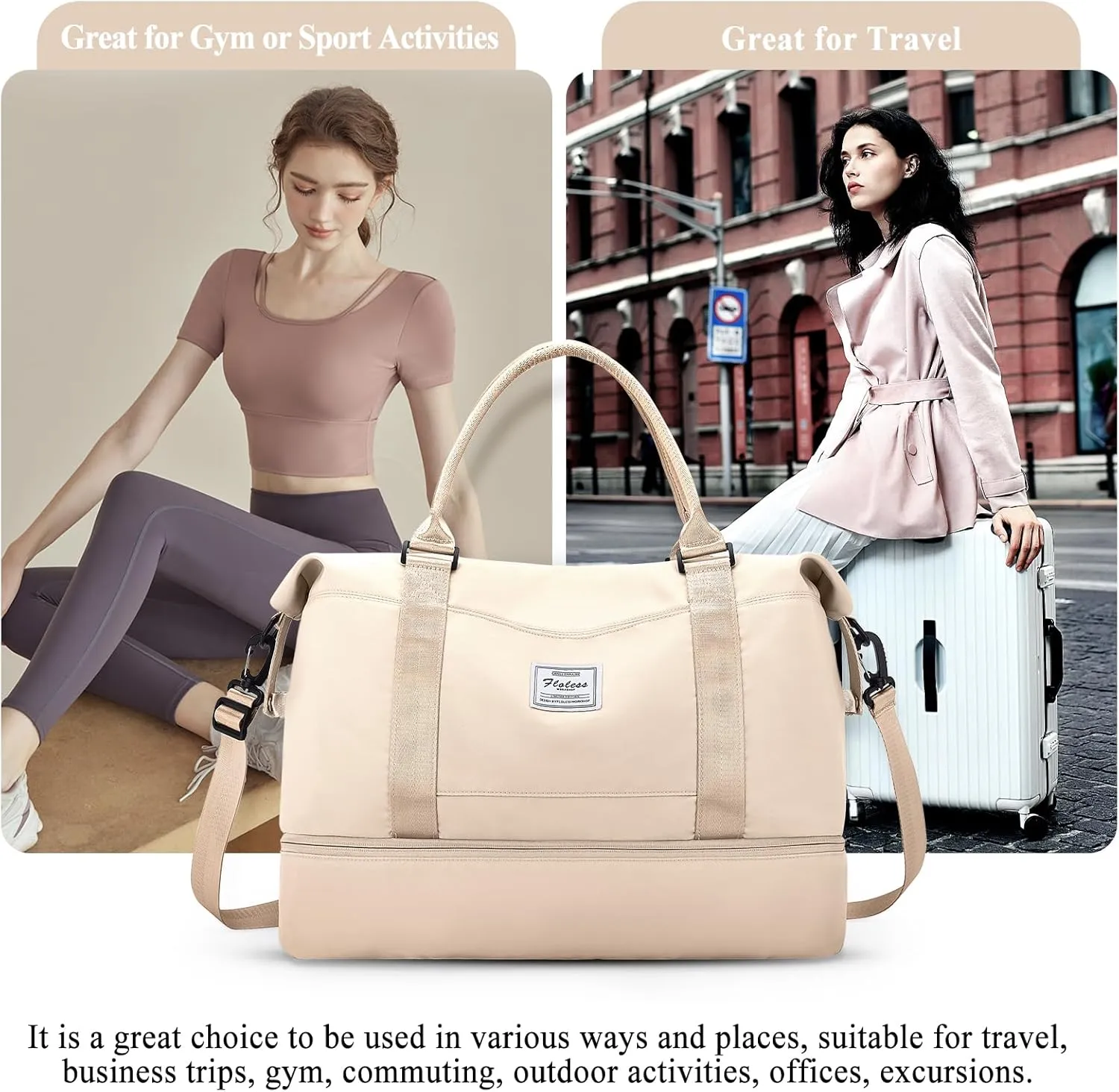 Weekender Bags for Women,Personal Item Travel Bag with Shoes Compartment,Overnight Travel Duffel Bag with Wet Pocket and Separate Toiletry Bag,Gym Bag, Beige, Travel Bag