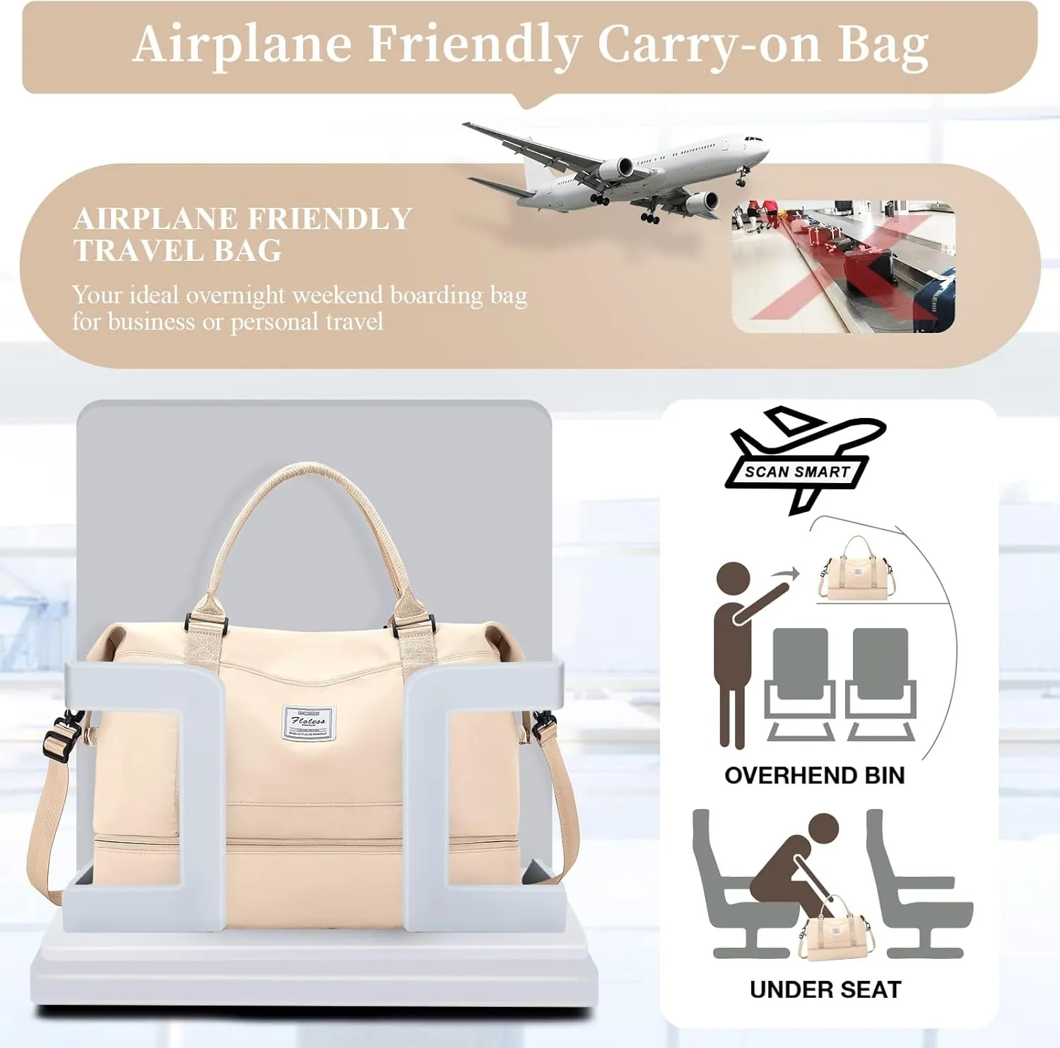 Weekender Bags for Women,Personal Item Travel Bag with Shoes Compartment,Overnight Travel Duffel Bag with Wet Pocket and Separate Toiletry Bag,Gym Bag, Beige, Travel Bag