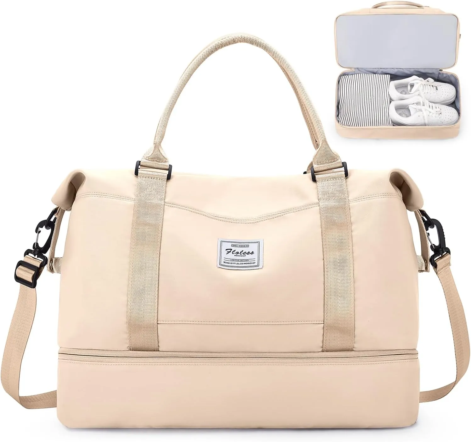 Weekender Bags for Women,Personal Item Travel Bag with Shoes Compartment,Overnight Travel Duffel Bag with Wet Pocket and Separate Toiletry Bag,Gym Bag, Beige, Travel Bag