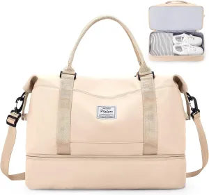 Weekender Bags for Women,Personal Item Travel Bag with Shoes Compartment,Overnight Travel Duffel Bag with Wet Pocket and Separate Toiletry Bag,Gym Bag, Beige, Travel Bag