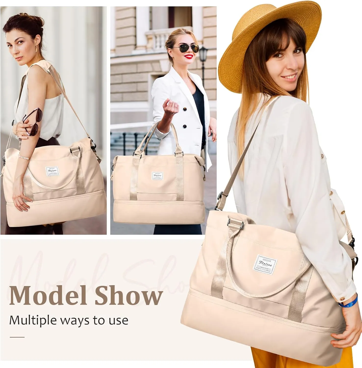 Weekender Bags for Women,Personal Item Travel Bag with Shoes Compartment,Overnight Travel Duffel Bag with Wet Pocket and Separate Toiletry Bag,Gym Bag, Beige, Travel Bag